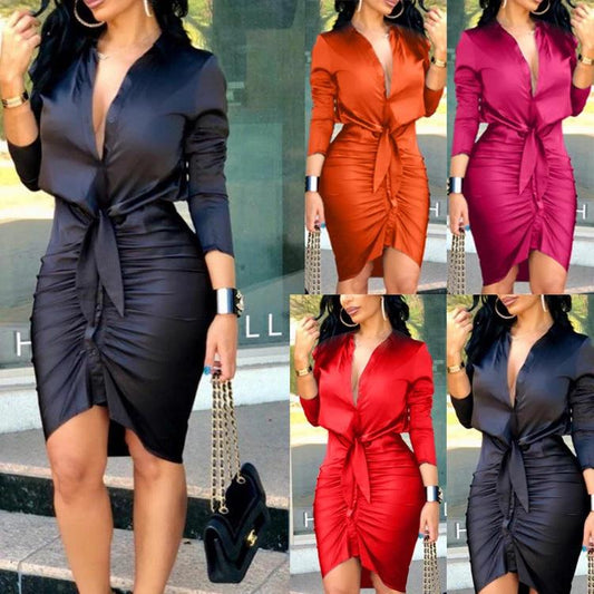 Women Lace-up Solid Color Long Sleeve Midi Dress Shirt Dress Elegant Fashion Party Dress MANDOTOS