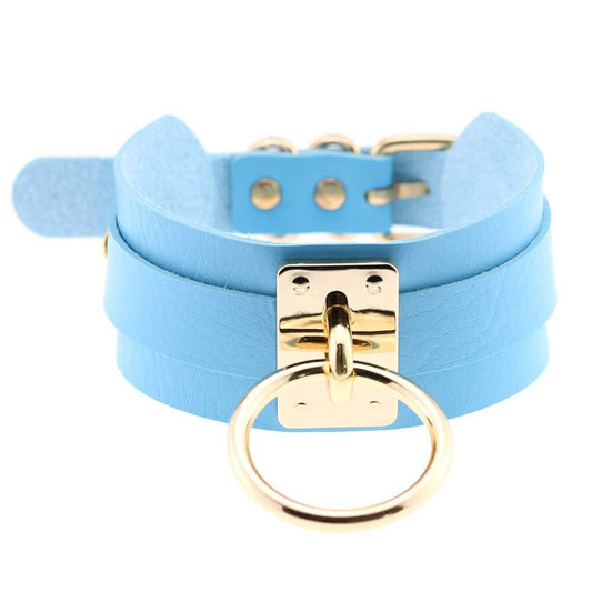 Choker collar blue leather with gold ring buckle, double-wrap for women