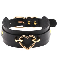 Women's black leather double-wrap collar necklace with gold heart clasp detail