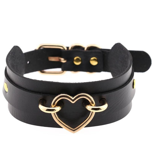 Women's black leather double-wrap collar necklace with gold heart clasp detail