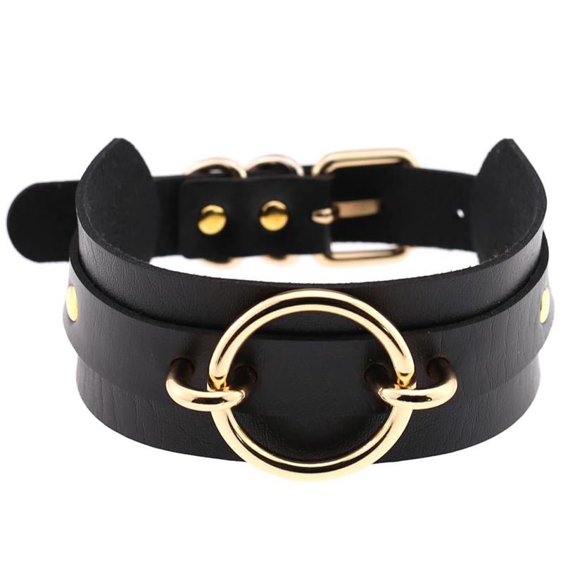 Women's black leather collar choker with gold ring centerpiece, adjustable strap, Ancient Energy
