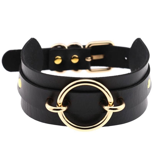 Women's black leather collar choker with gold ring centerpiece, adjustable strap, Ancient Energy