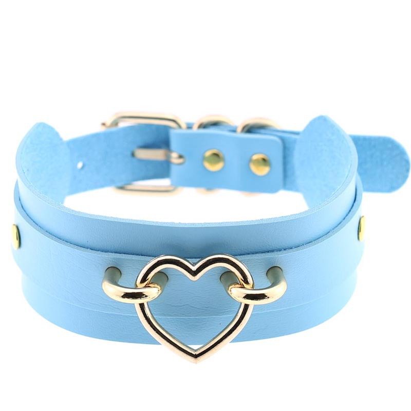 Blue leather double-wrap choker necklace with gold heart-shaped centerpiece