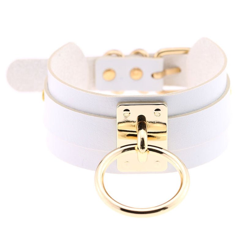 White leather collarbone choker with gold-tone ring and plate, Ancient Energy.