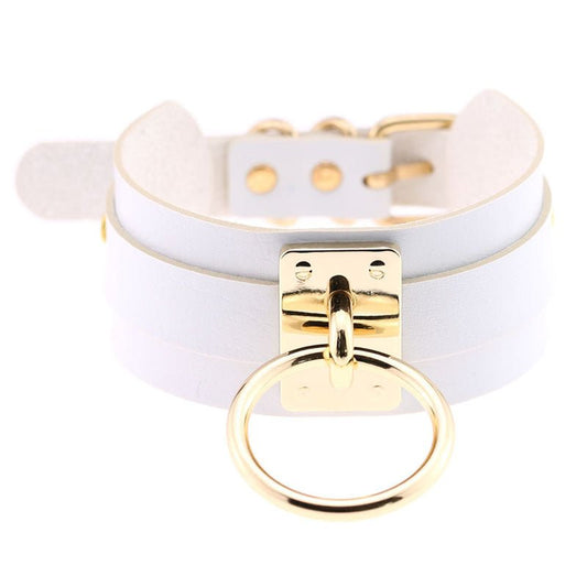 White leather collarbone choker with gold-tone ring and plate, Ancient Energy.