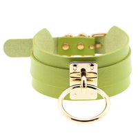 Green leather wrap collar choker with gold-tone buckle and ring, women's fashion neckband
