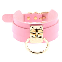 Pink leather choker collar with gold buckle and ring, Ancient Energy