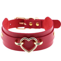 Red leather double-wrap choker necklace with gold heart centerpiece