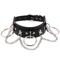 Women's black leather collar necklace with silver rings and chain accents