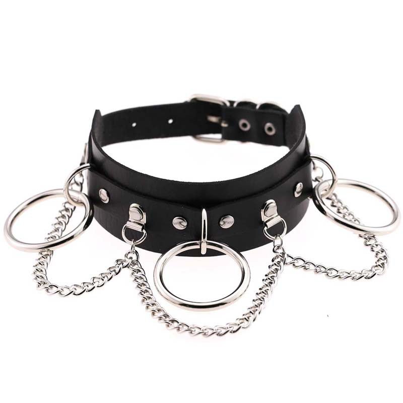 Women's black leather collar necklace with silver rings and chain accents