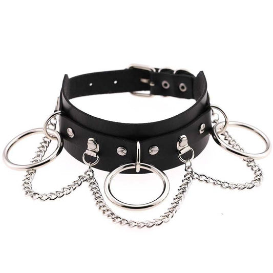 Women's black leather collar necklace with silver rings and chain accents