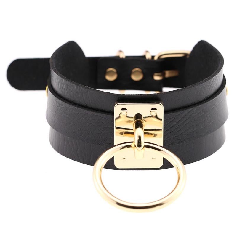 Black leather choker necklace with gold-tone ring and square clasp by Ancient Energy