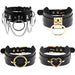 Set of four black leather chokers with gold-tone and silver-tone hardware, rings and a heart charm