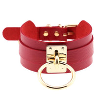 Red leather collar choker with gold-tone ring and square buckle
