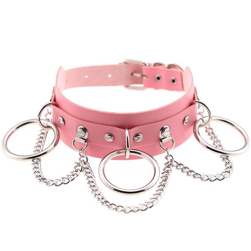 Pink leather collar with large metal rings and chains, women's fashion neckband by Ancient Energy.