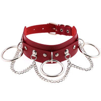 Collar red leather women’s neck band with silver rings and chain accents by Ancient Energy