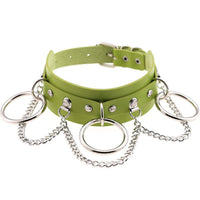 Green leather collar with silver rings and chain accents; women's fashion neck band by Ancient Energy