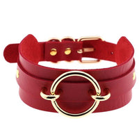 Red leather wrap choker with gold ring centerpiece and buckle closure