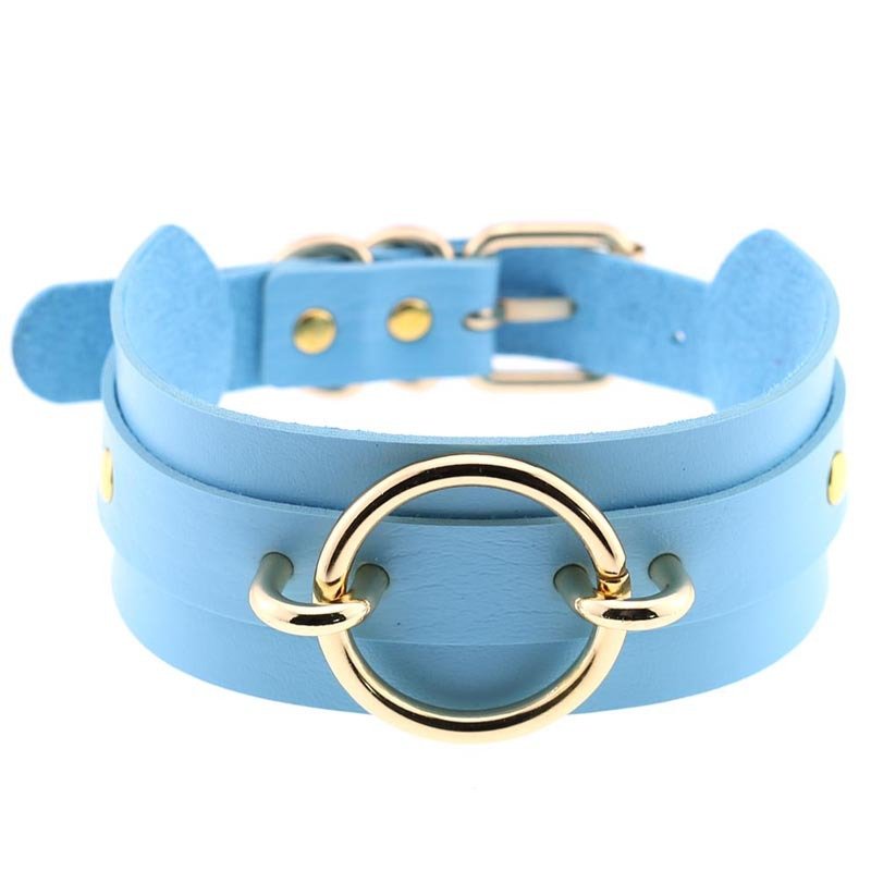 Women's blue leather collar necklace with gold ring centerpiece, wrap-style neckband