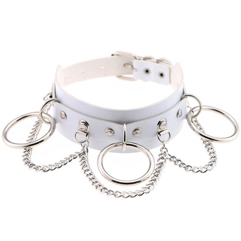 Collar women's leather neck band with metal rings and chains, white/gray, Ancient Energy.