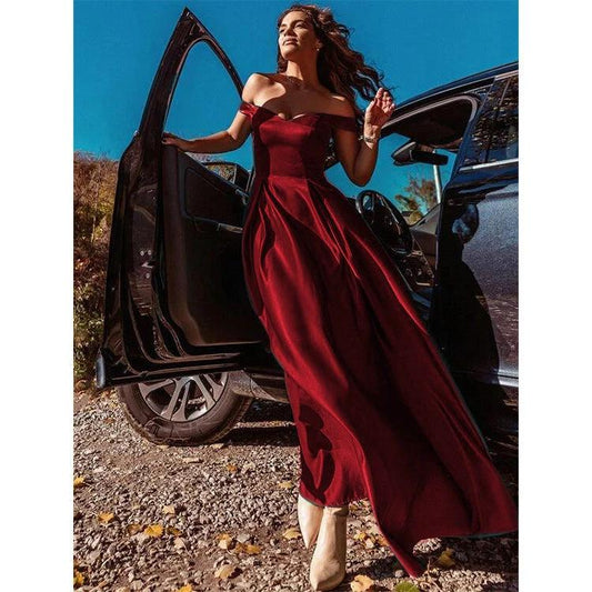 V-Neck Solid Color Long Vintage Gown Dress MANDOTOS