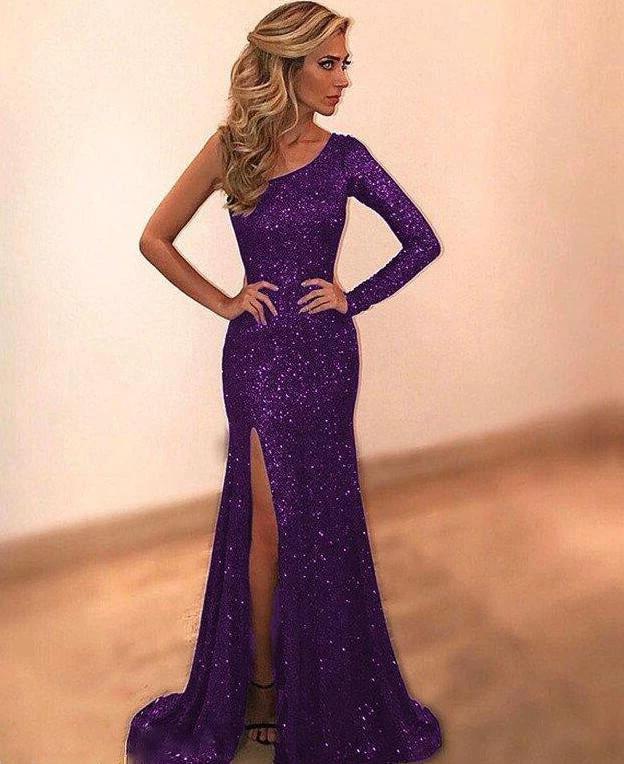 The New Women's Wear Long Sleeve One Shoulder Bronzing Eveni MANDOTOS