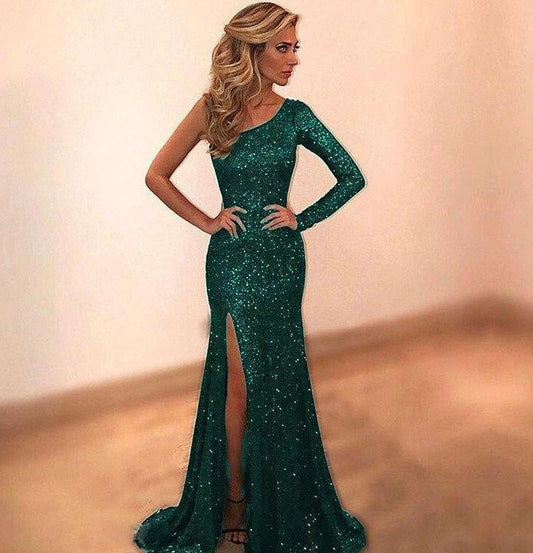 The New Women's Wear Long Sleeve One Shoulder Bronzing Eveni MANDOTOS