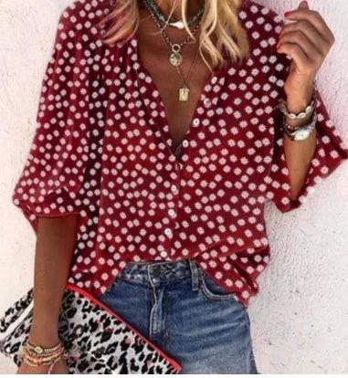 Printed Long Sleeve V - neck Button Ladies Blouse Women - MANDOTOS INTERNATIONAL0