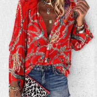 Printed Long Sleeve V - neck Button Ladies Blouse Women - MANDOTOS INTERNATIONAL0