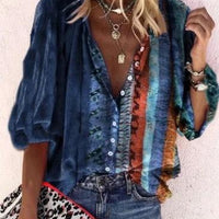 Printed Long Sleeve V - neck Button Ladies Blouse Women - MANDOTOS INTERNATIONAL0
