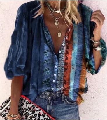 Printed Long Sleeve V - neck Button Ladies Blouse Women - MANDOTOS INTERNATIONAL0