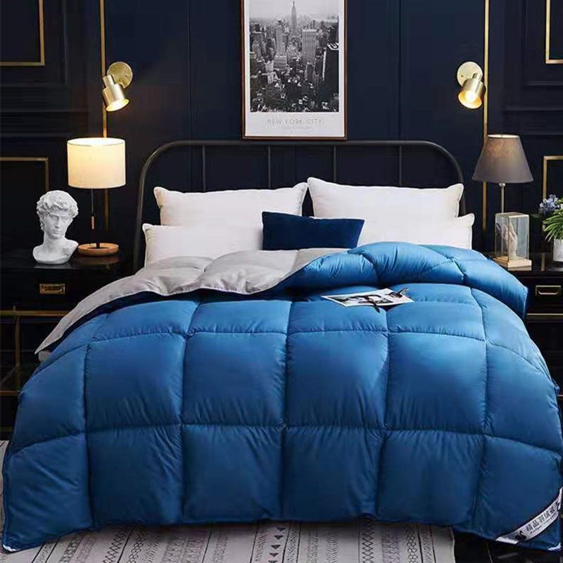 Duvet blue goose-down winter comforter on bed; quilted squares, Ancient Energy brand