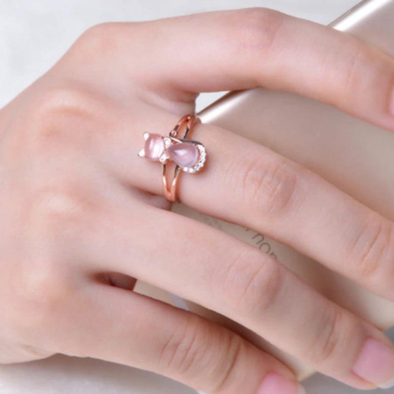 Rose Gold Crystal Cat Ring - Cute Animal Jewelry for Pet Lovers - MANDOTOS