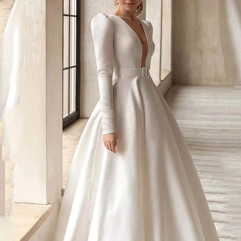 Ladies Style White Dress Satin Surface Was Thin And High French Temperament Dress Long Skirt MANDOTOS