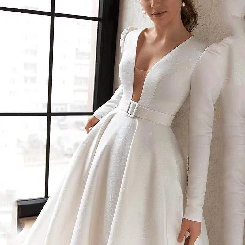 Ladies Style White Dress Satin Surface Was Thin And High French Temperament Dress Long Skirt MANDOTOS