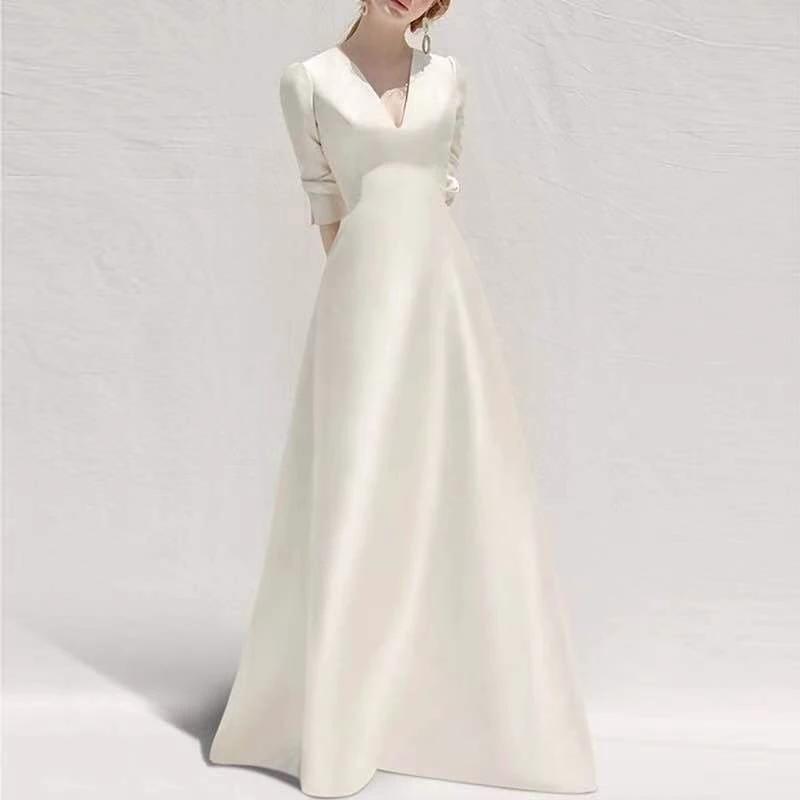 Ladies Style White Dress Satin Surface Was Thin And High French Temperament Dress Long Skirt MANDOTOS