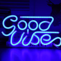 LED transparent backboard neon wall light in blue, decorative sign reading Good Vibes by Ancient Energy