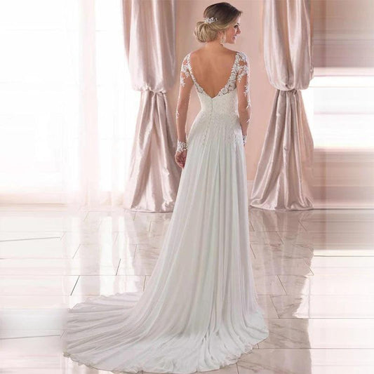 Sexy Backless Deep V-neck Wedding Dress Women White Evening Dress MANDOTOS