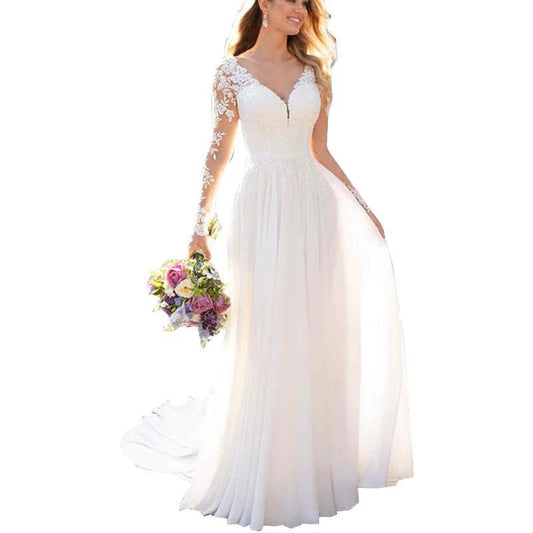 Sexy Backless Deep V-neck Wedding Dress Women White Evening Dress MANDOTOS