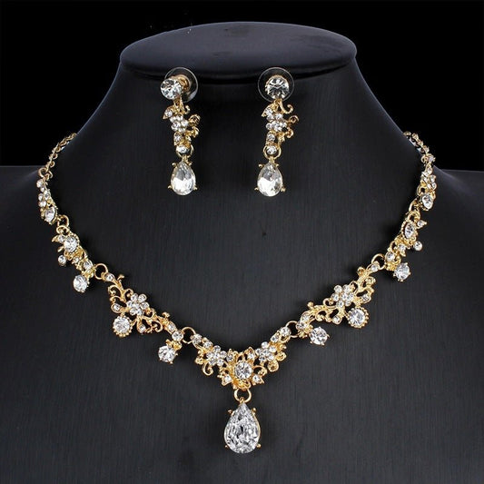 Golden Zircon Jewelry Set Bridal Necklace Earrings Wedding Two - piece Set - MANDOTOS INTERNATIONAL0