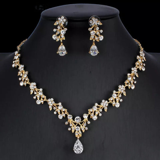 Golden Zircon Jewelry Set Bridal Necklace Earrings Wedding Two - piece Set - MANDOTOS INTERNATIONAL0