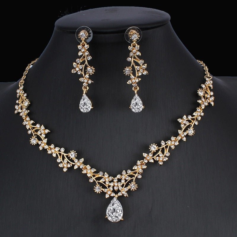 Golden Zircon Jewelry Set Bridal Necklace Earrings Wedding Two - piece Set - MANDOTOS INTERNATIONAL0