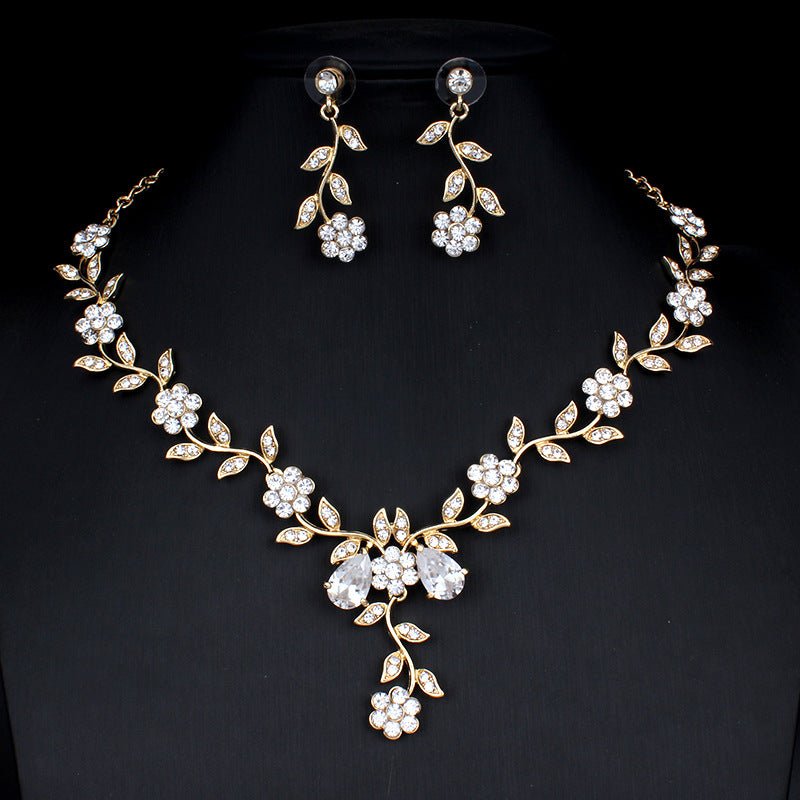 Golden Zircon Jewelry Set Bridal Necklace Earrings Wedding Two - piece Set - MANDOTOS INTERNATIONAL0