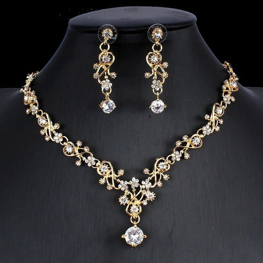 Golden Zircon Jewelry Set Bridal Necklace Earrings Wedding Two - piece Set - MANDOTOS INTERNATIONAL0