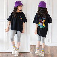 MANDOTOS Cartoon Irregular Top Big Kids Black Short Sleeve Graphic Tee With Colorful Bear Back Print MANDOTOS
