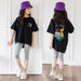 MANDOTOS Cartoon Irregular Top Big Kids Black Short Sleeve Graphic Tee With Colorful Bear Back Print MANDOTOS