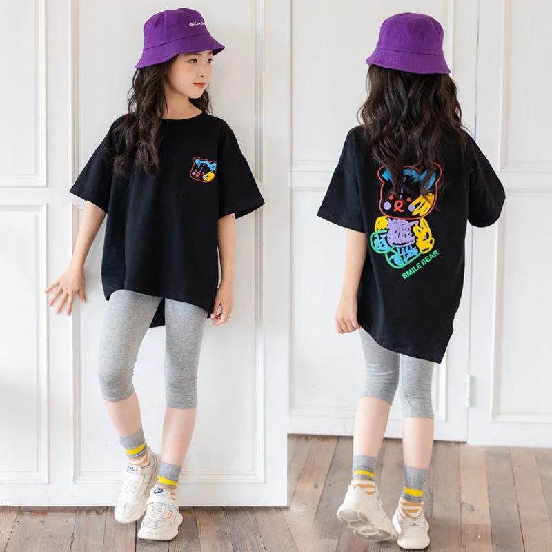 MANDOTOS Cartoon Irregular Top Big Kids Black Short Sleeve Graphic Tee With Colorful Bear Back Print MANDOTOS