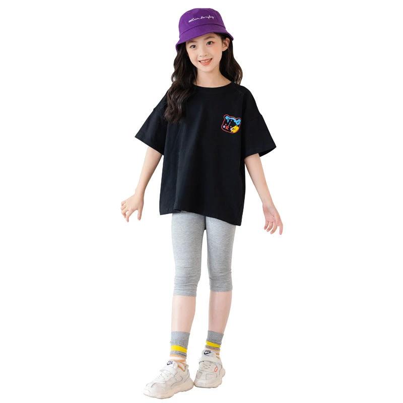 MANDOTOS Cartoon Irregular Top Big Kids Black Short Sleeve Graphic Tee With Colorful Bear Back Print MANDOTOS