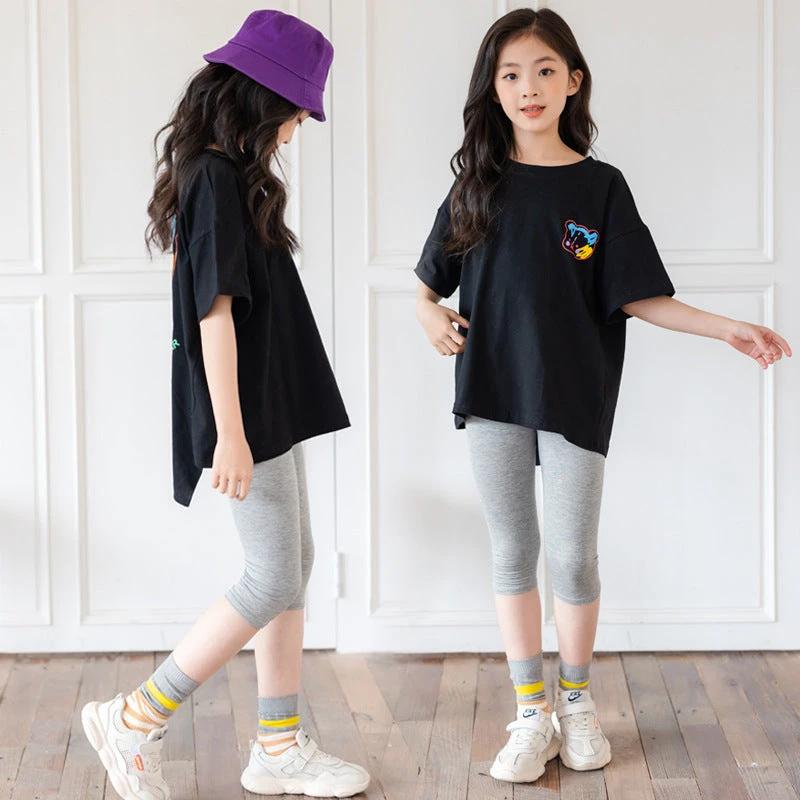 MANDOTOS Cartoon Irregular Top Big Kids Black Short Sleeve Graphic Tee With Colorful Bear Back Print MANDOTOS