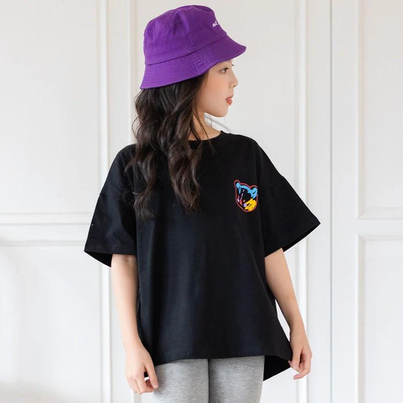 MANDOTOS Cartoon Irregular Top Big Kids Black Short Sleeve Graphic Tee With Colorful Bear Back Print MANDOTOS